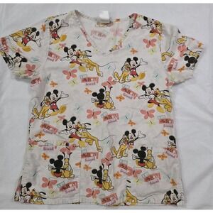 Disney Mickey Mouse Pluto I Love My Best Friend Scrub Top Sz Small Medical